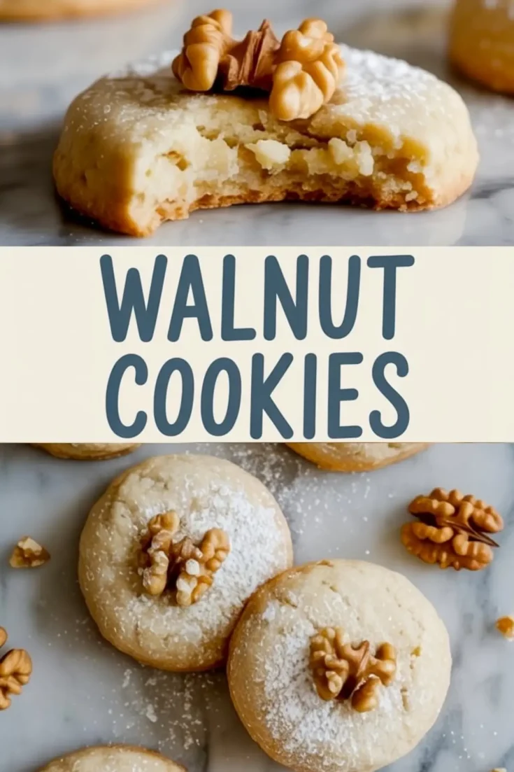 Walnut cookies shown in a collage with one cookie bitten to reveal the crumbly interior, and whole cookies topped with walnuts and dusted with powdered sugar on a marble background.