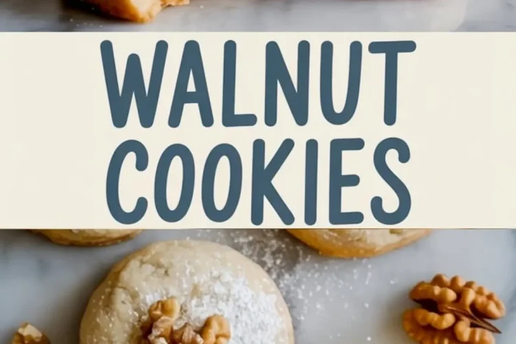 Walnut cookies shown in a collage with one cookie bitten to reveal the crumbly interior, and whole cookies topped with walnuts and dusted with powdered sugar on a marble background.
