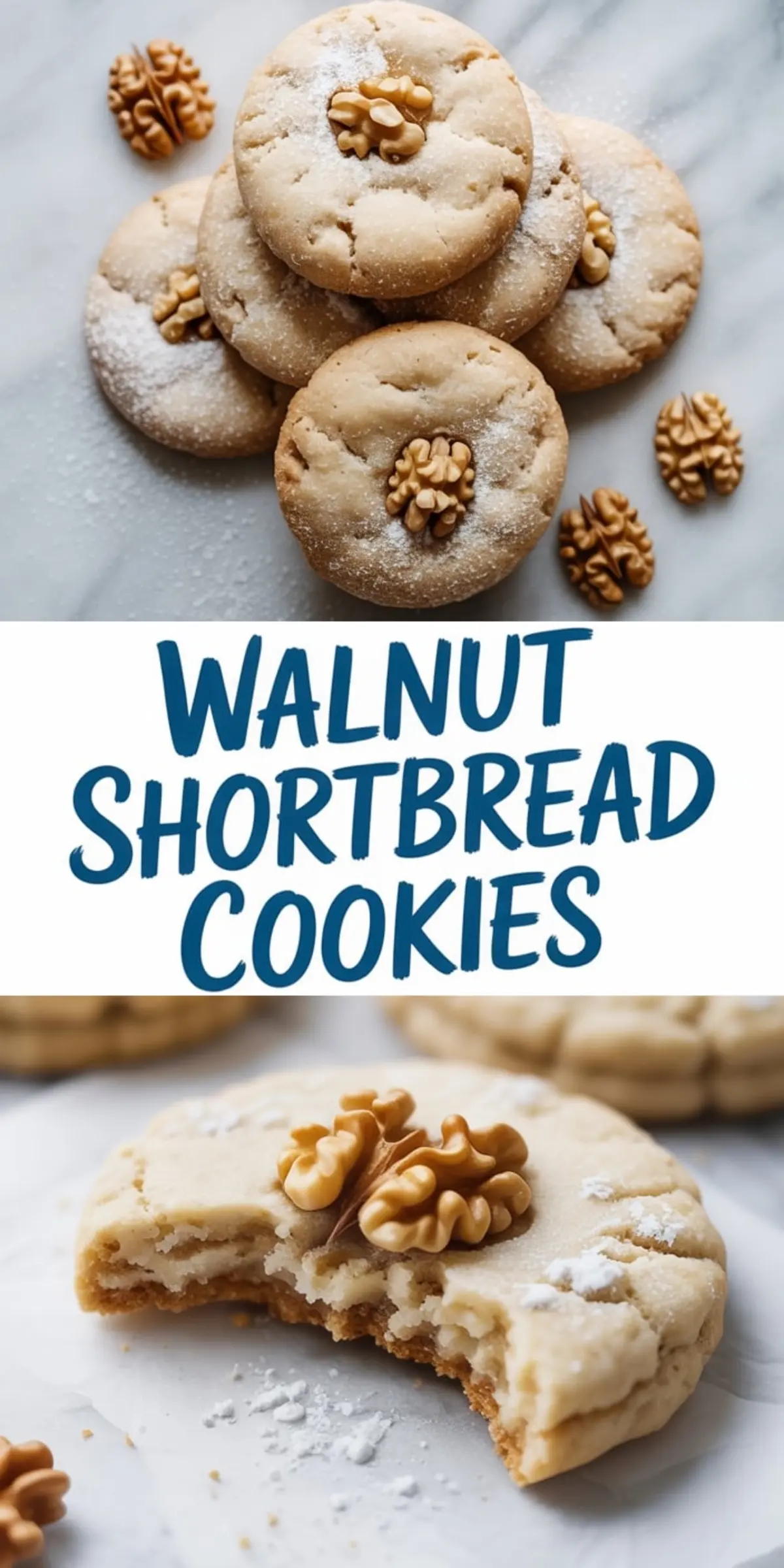 Walnut shortbread cookies arranged in a collage featuring a stack of cookies topped with walnut halves and a close-up of a bitten cookie revealing the soft, layered interior.
