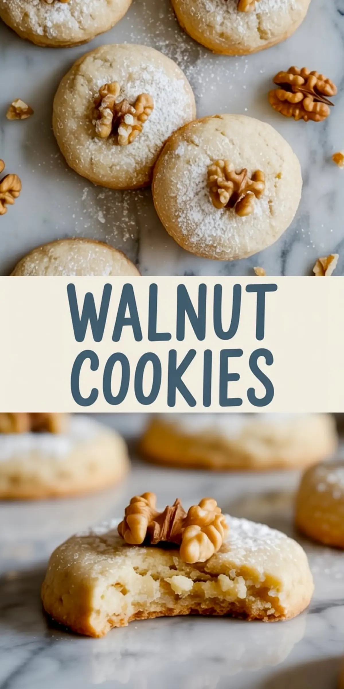 Collage of baked walnut cookies with powdered sugar and walnut halves on top, including a bitten cookie close-up to highlight the tender texture and crumb.
