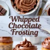 Collage image of whipped chocolate frosting in a bowl with a spatula on top and piped chocolate frosting on a vanilla cupcake at the bottom, labeled “Whipped Chocolate Frosting.”