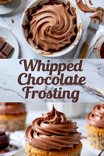 Collage image of whipped chocolate frosting in a bowl with a spatula on top and piped chocolate frosting on a vanilla cupcake at the bottom, labeled “Whipped Chocolate Frosting.”