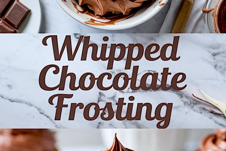 Collage image of whipped chocolate frosting in a bowl with a spatula on top and piped chocolate frosting on a vanilla cupcake at the bottom, labeled “Whipped Chocolate Frosting.”