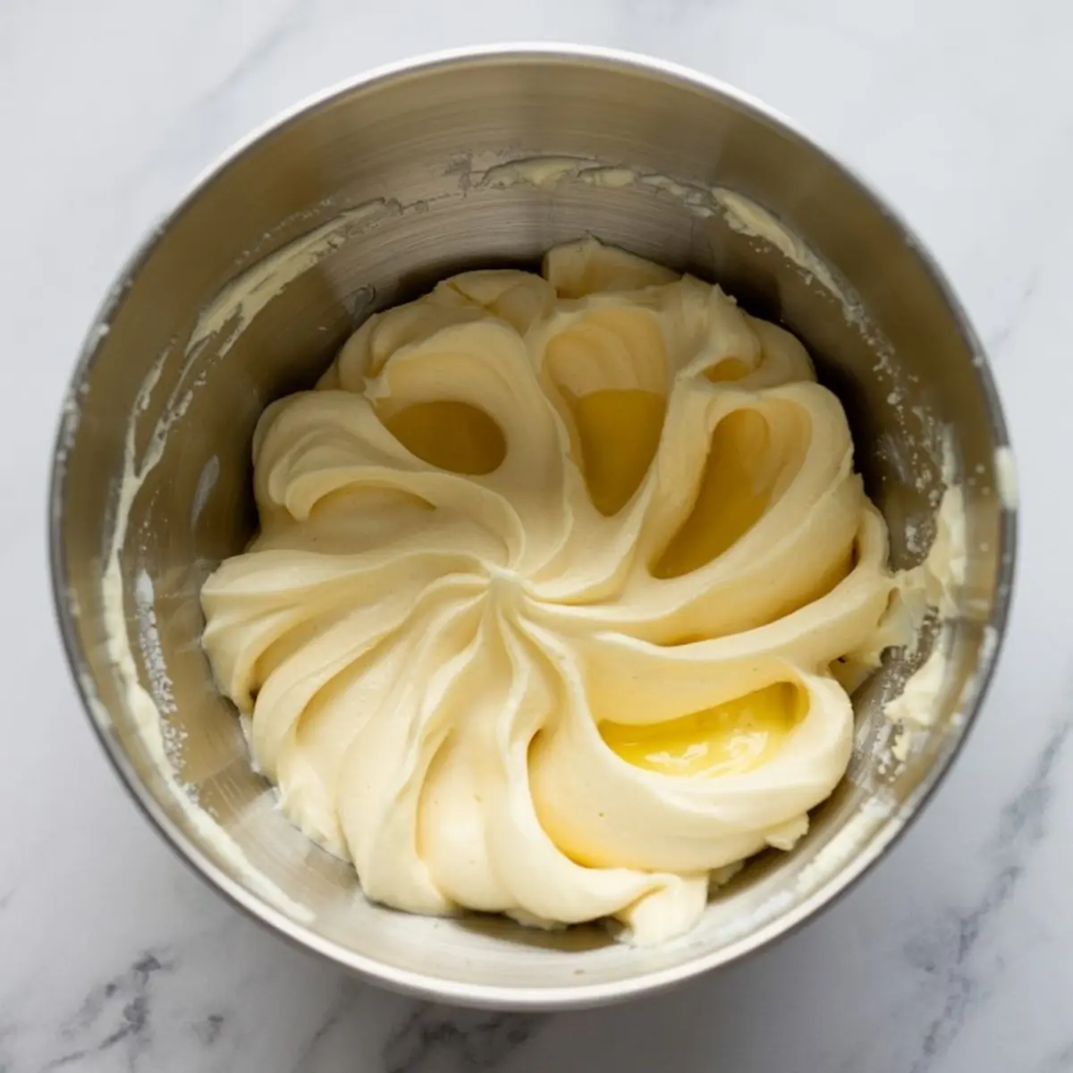 Creamy whipped butter and sugar mixture swirled in a stainless steel mixing bowl, ready for frosting or cake batter preparation.