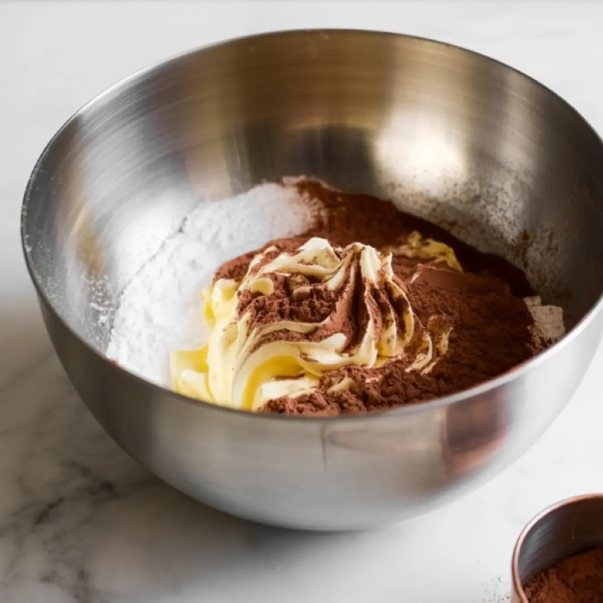Unmixed chocolate frosting ingredients including cocoa powder, butter, and powdered sugar in a stainless steel bowl, sitting on a marble countertop.