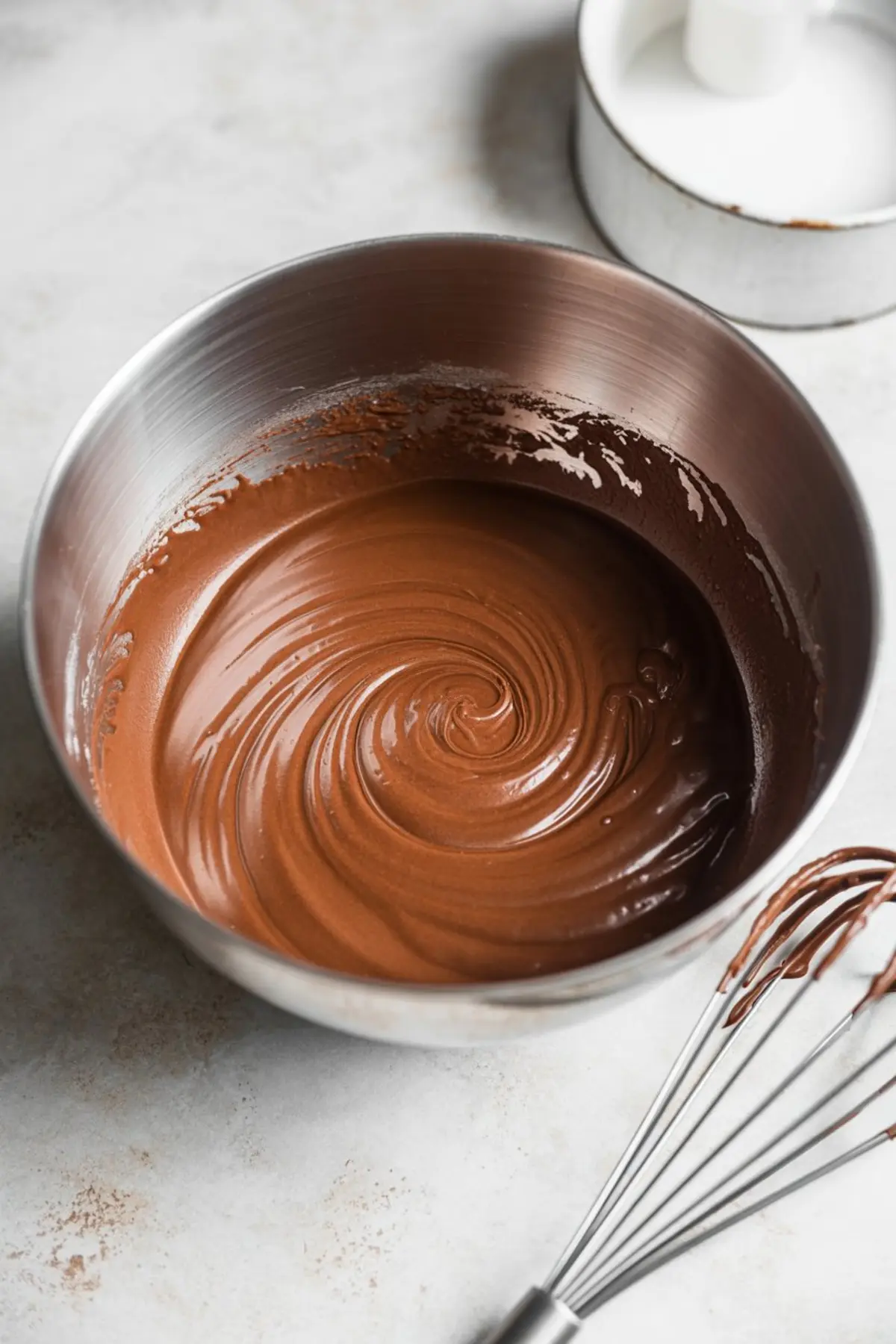 Smooth and glossy chocolate batter swirled in a metal mixing bowl, with a wire whisk covered in chocolate placed beside it.