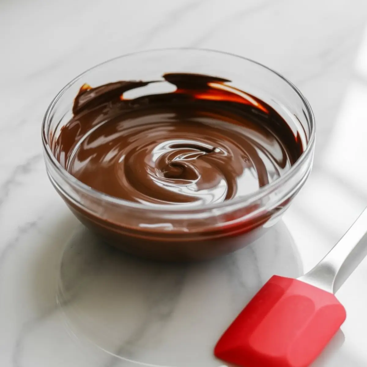 Shiny melted chocolate in a glass bowl with a red silicone spatula on the side, placed on a white marble surface.