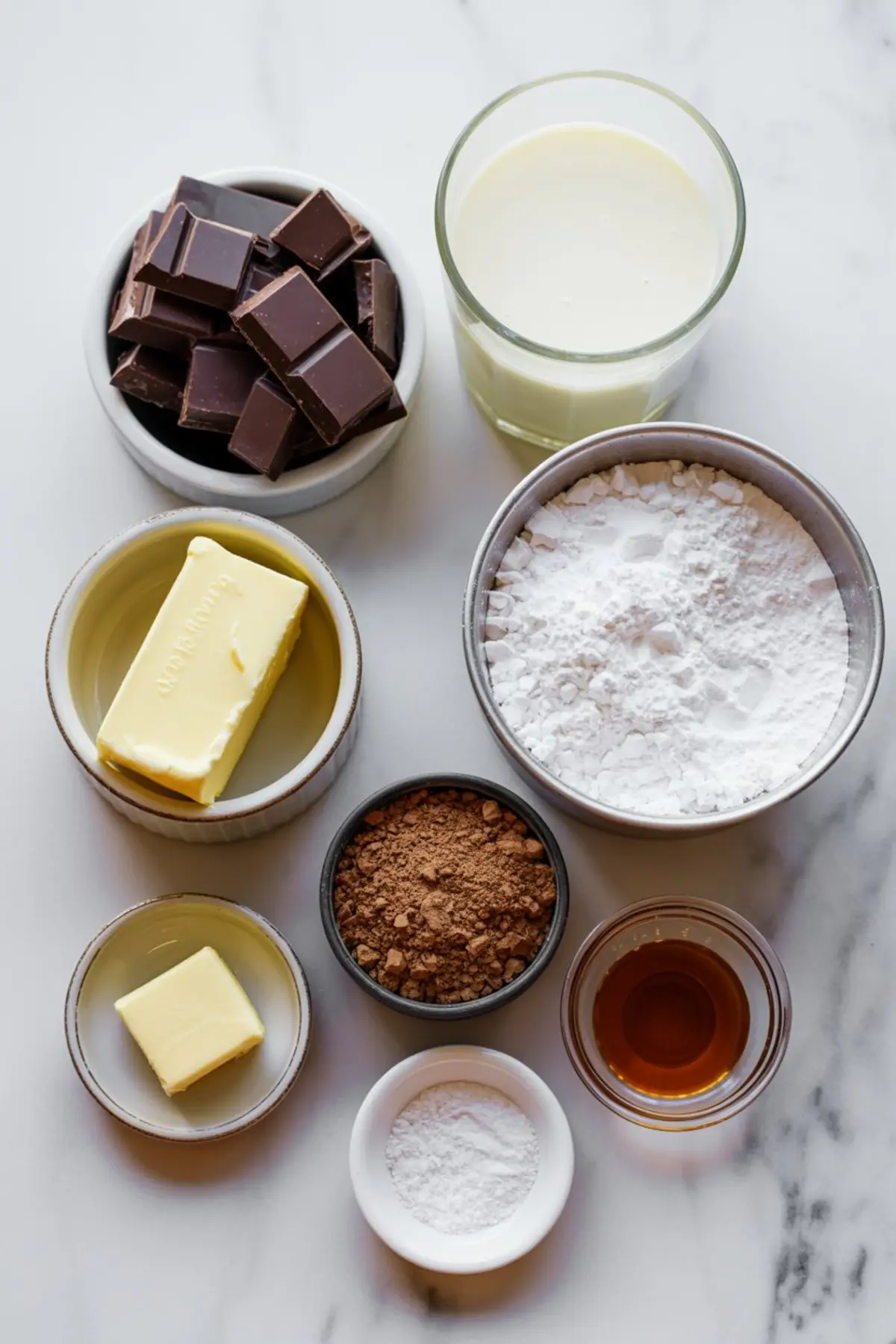 Flat lay of chocolate frosting ingredients including dark chocolate chunks, milk, butter, powdered sugar, cocoa powder, vanilla extract, and baking powder on a marble surface.
