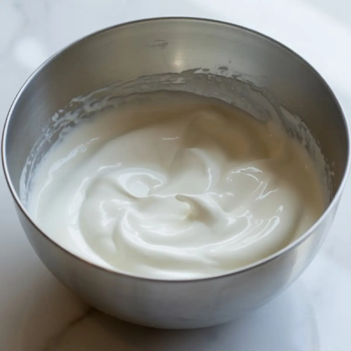 Thick, glossy whipped cream frosting in a stainless steel mixing bowl, showing smooth texture and medium peaks ideal for cake or cupcake decorating.
