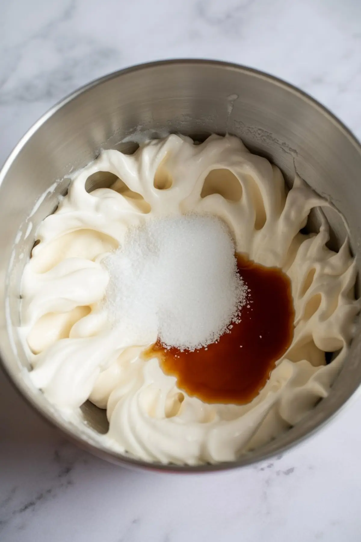 Partially mixed whipped cream frosting in a metal bowl with visible sugar and vanilla extract added to the creamy base, ready for final blending.
