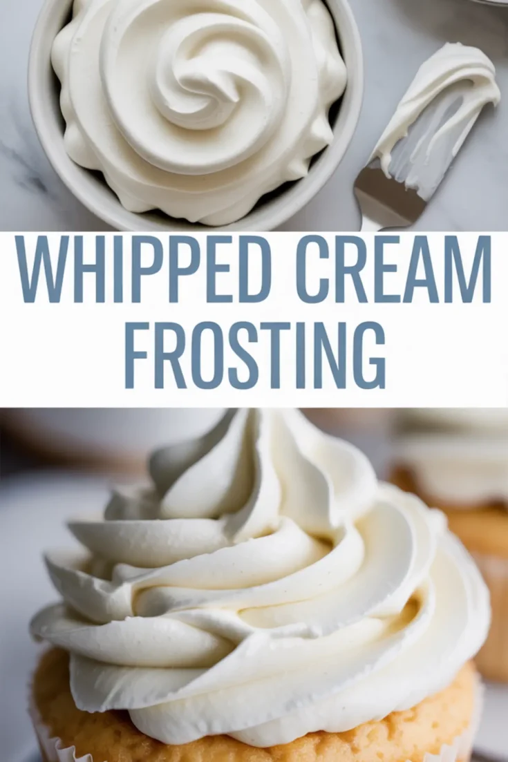 Collage showing swirled whipped cream frosting piped into a bowl and generously layered on top of a golden cupcake, with bold text reading “Whipped Cream Frosting.”