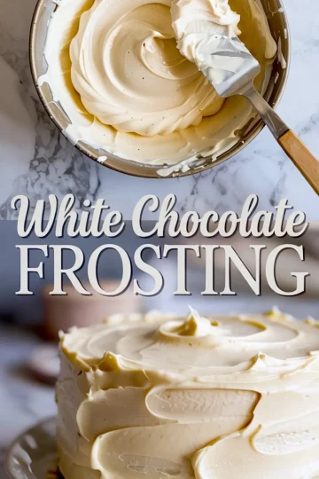 Collage showing a close-up of whipped white chocolate frosting in a mixing bowl with a spatula, and a frosted cake with smooth swirls. Text overlay reads “White Chocolate FROSTING.”