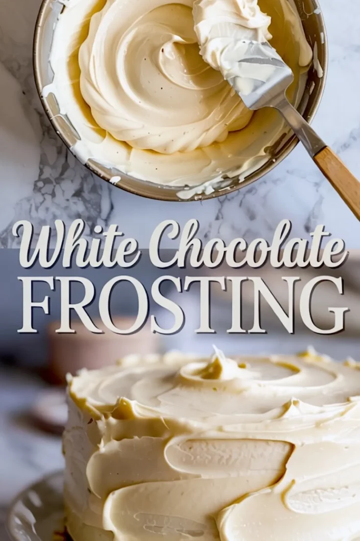 Collage showing a close-up of whipped white chocolate frosting in a mixing bowl with a spatula, and a frosted cake with smooth swirls. Text overlay reads “White Chocolate FROSTING.”