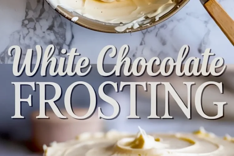Collage showing a close-up of whipped white chocolate frosting in a mixing bowl with a spatula, and a frosted cake with smooth swirls. Text overlay reads “White Chocolate FROSTING.”