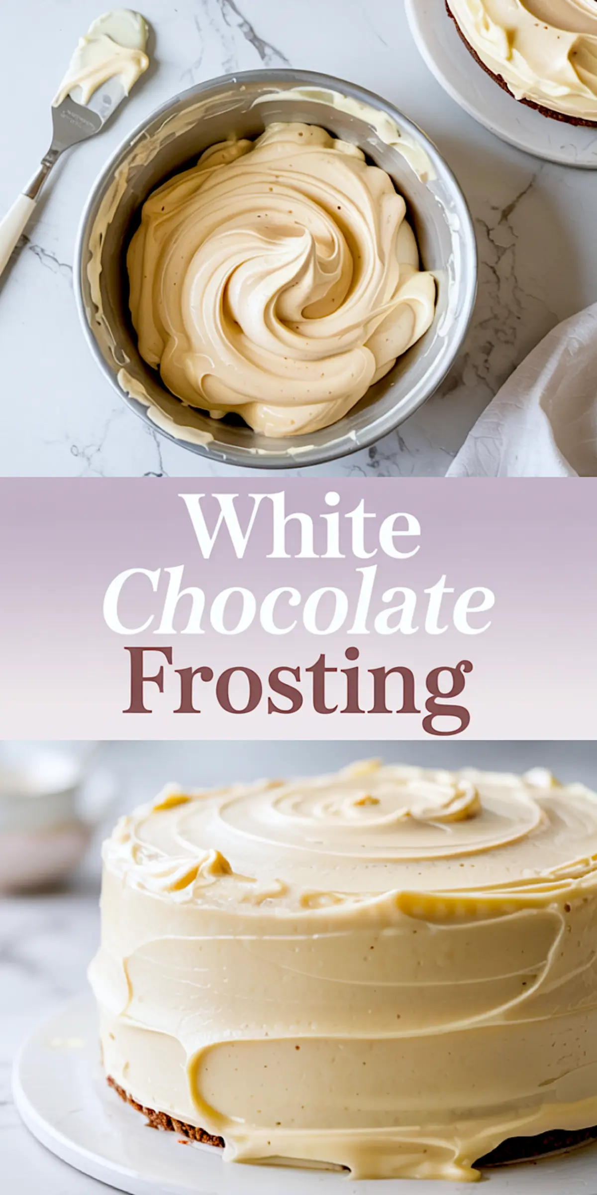 Smooth white chocolate cake frosting swirled with a spatula over a layered cake, finished with clean edges and creamy texture on a white ceramic plate.
