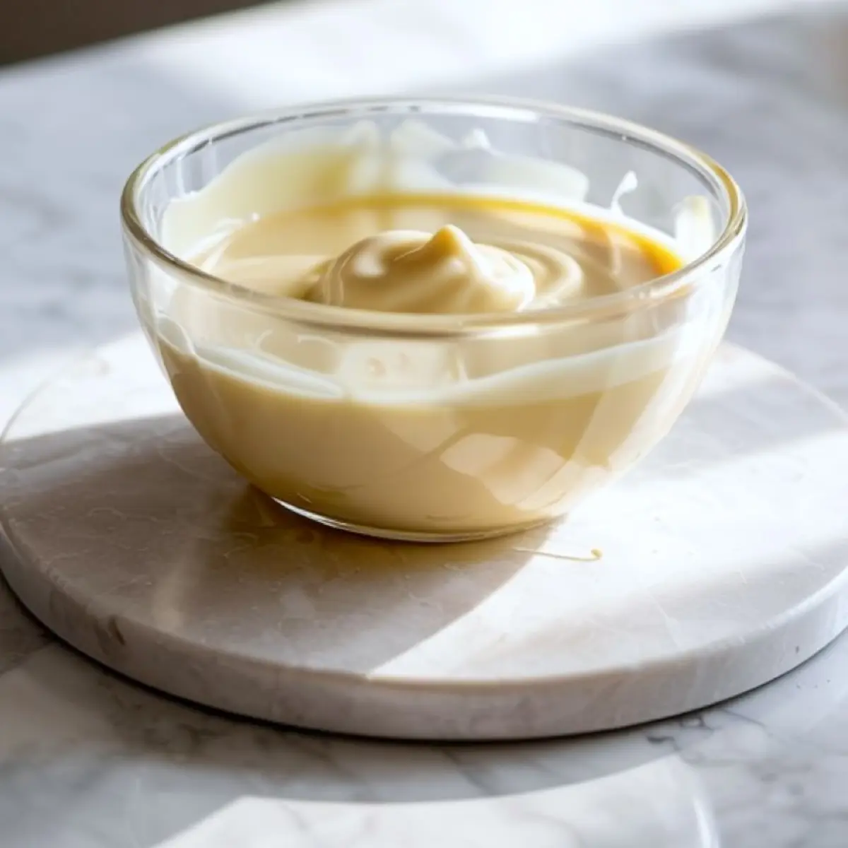 Glass bowl filled with glossy, melted white chocolate frosting placed on a round marble board, with soft natural lighting casting shadows.
