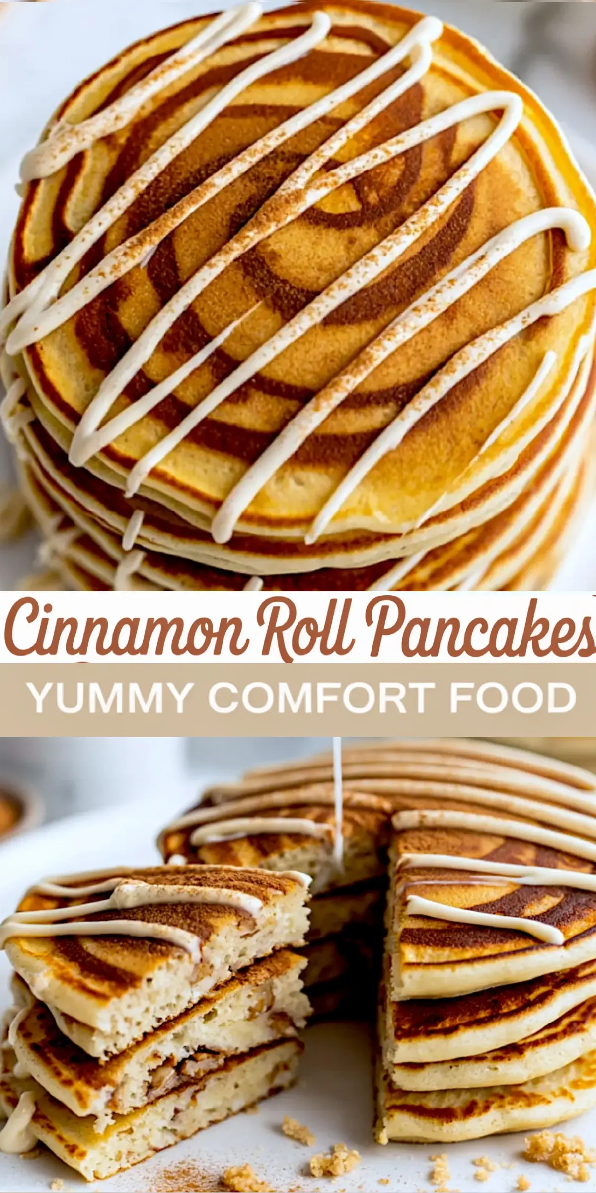 Stack of cinnamon roll pancakes drizzled with cream cheese glaze, sliced to show fluffy layers. A yummy comfort food and breakfast dish that fits healthy food motivation and breakfast recipes easy, ideal for breakfast pancakes lovers.
