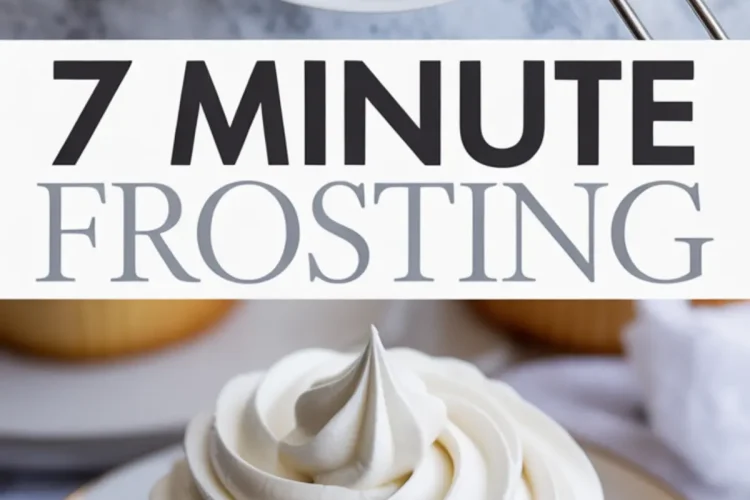 Two-part collage showing fluffy white frosting in a mixing bowl with beaters above, and a vanilla cupcake topped with thick swirls of glossy seven minute frosting.