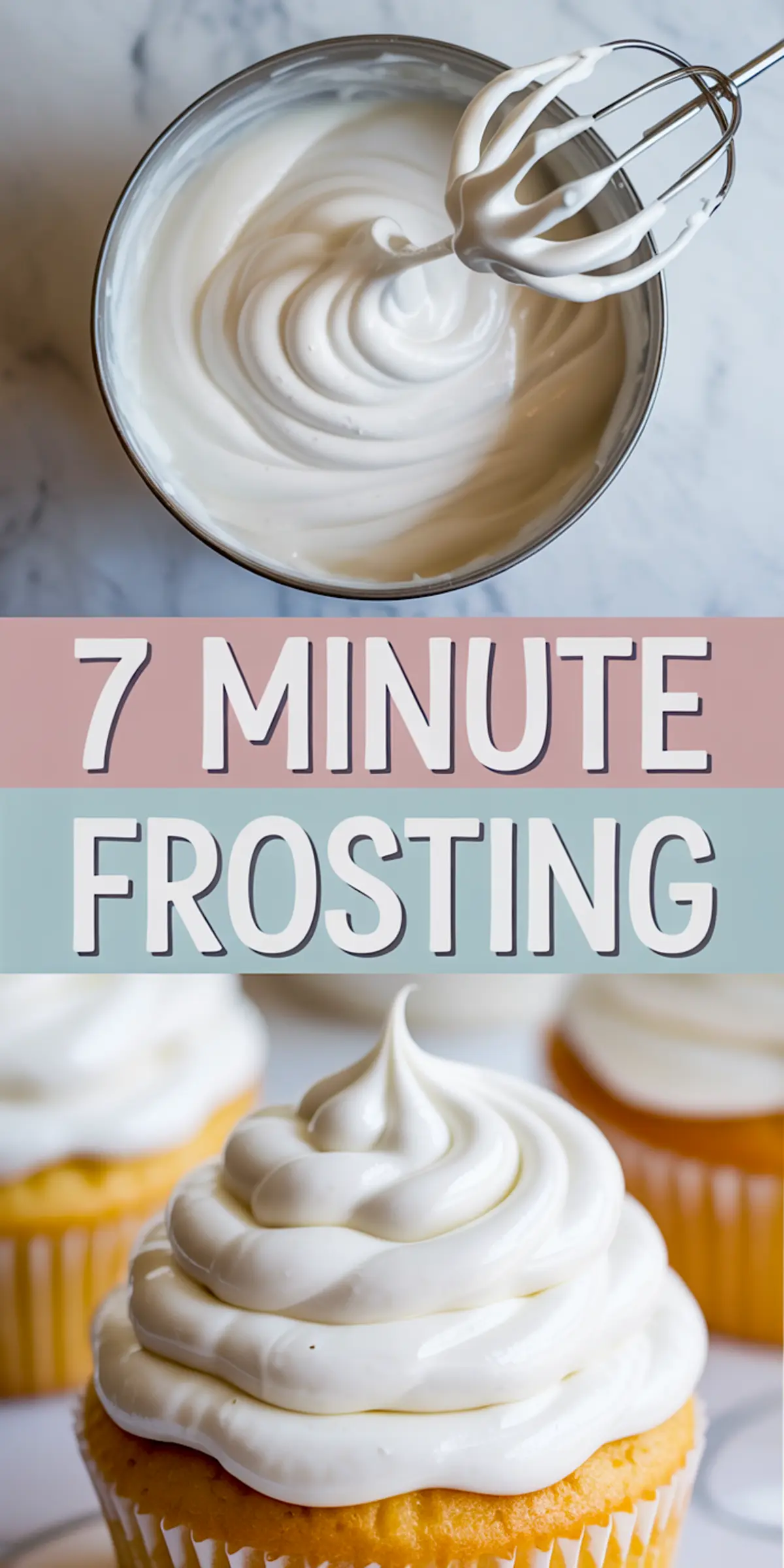 Top and bottom collage featuring stiff peaks of glossy white frosting on a beater and a close-up of a frosted yellow cupcake, emphasizing the smooth and airy swirl.
