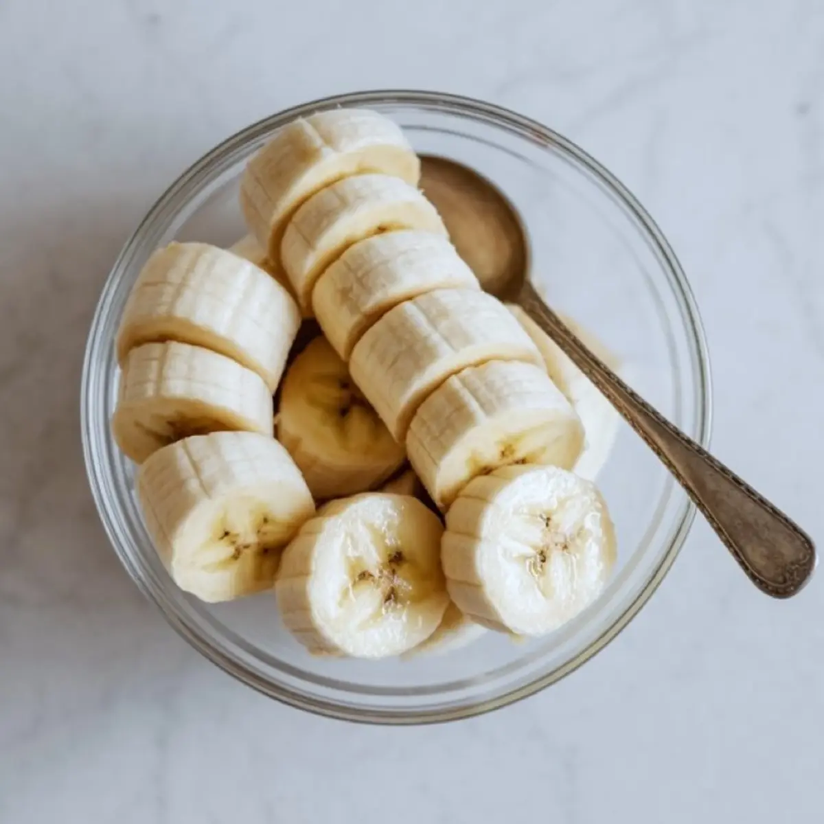 Glass bowl filled with thick banana slices and a vintage spoon on a white marble background.

