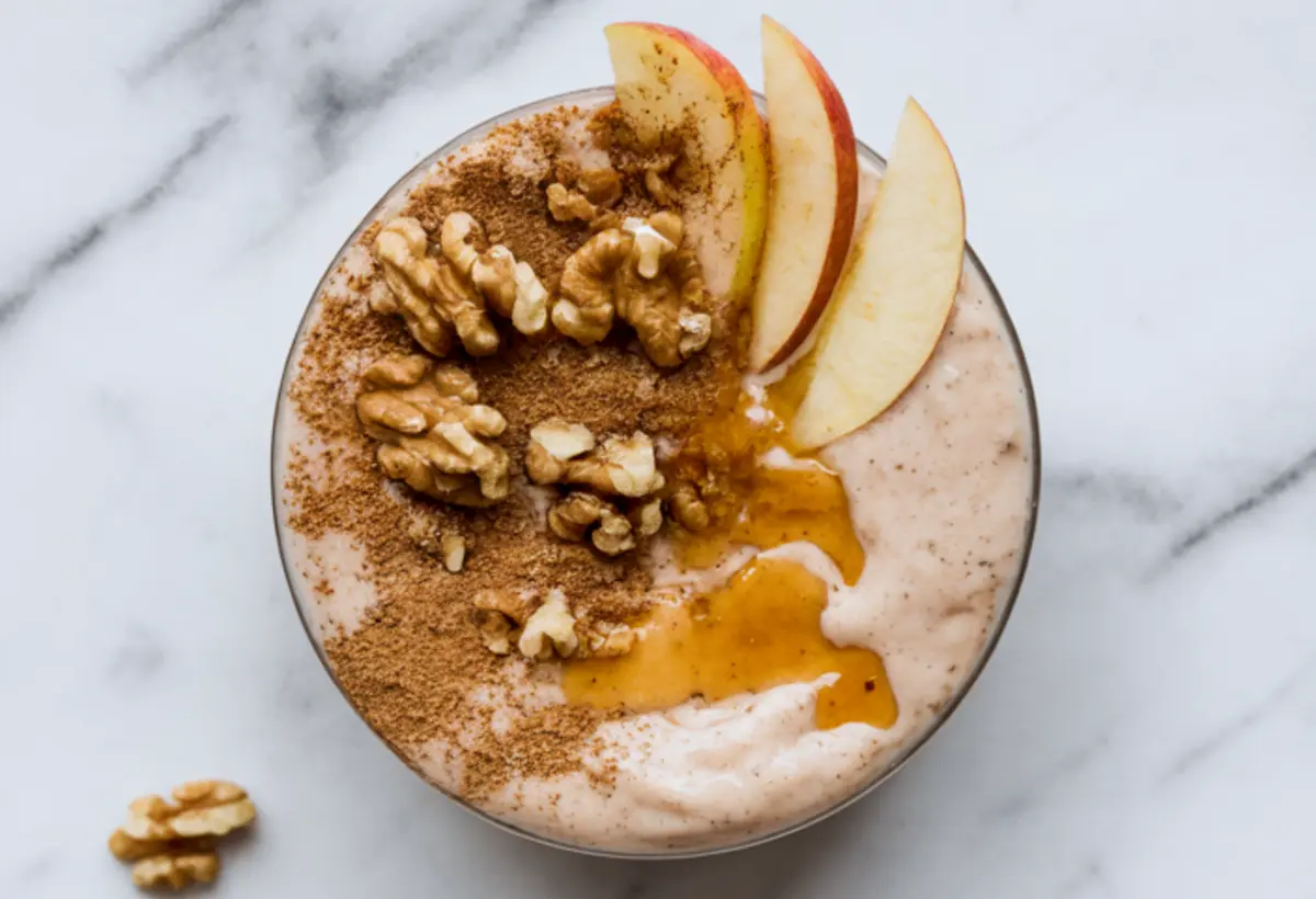 Top-down view of an apple cinnamon smoothie bowl decorated with thick walnut pieces, cinnamon powder, apple slices, and maple syrup swirls on a marble background.
