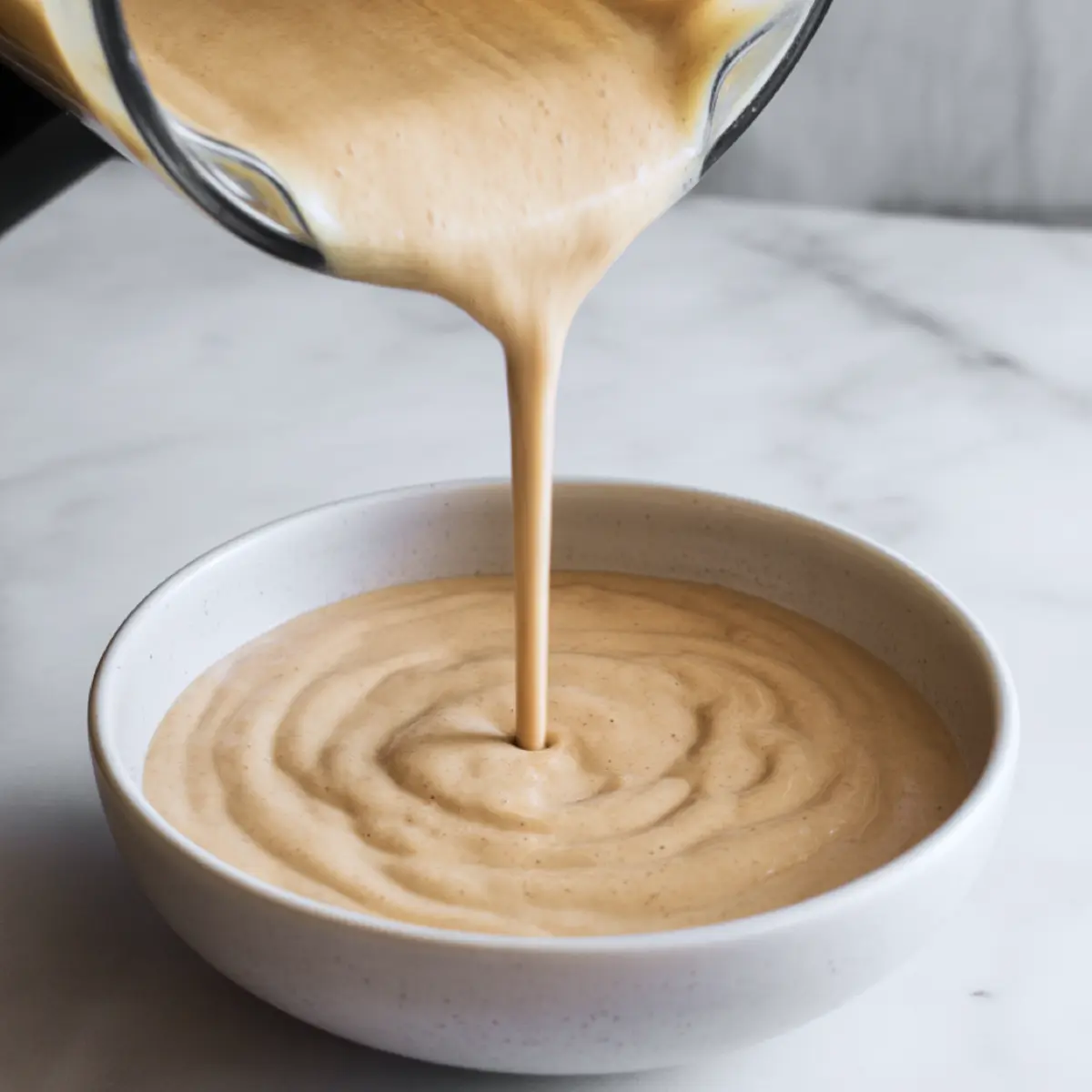 Creamy apple cinnamon smoothie being poured from a blender into a white ceramic bowl on a marble surface.
