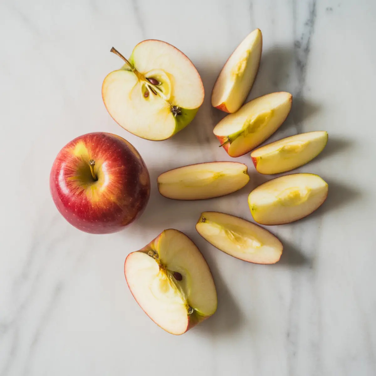 Fresh red and yellow apples sliced into wedges and halves, arranged neatly on a white marble background.
