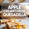 Collage with caramel-drizzled apple cream cheese quesadillas sliced in halves and stacked, accompanied by bold text overlay highlighting the recipe name.