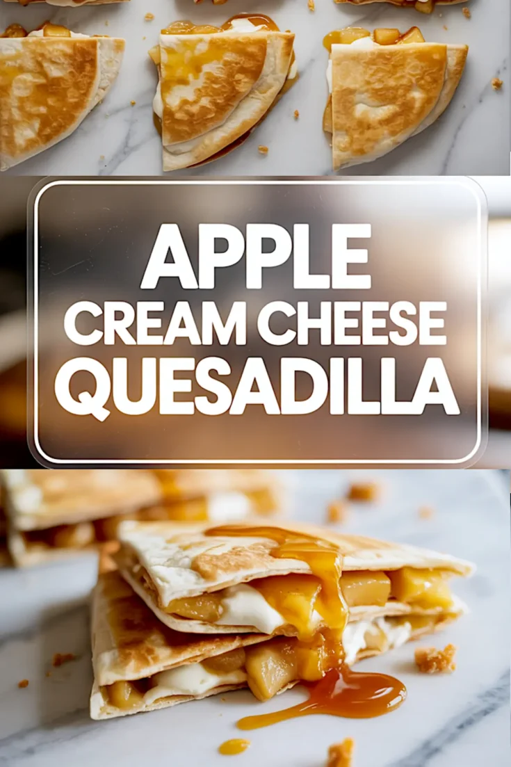 Collage with caramel-drizzled apple cream cheese quesadillas sliced in halves and stacked, accompanied by bold text overlay highlighting the recipe name.
