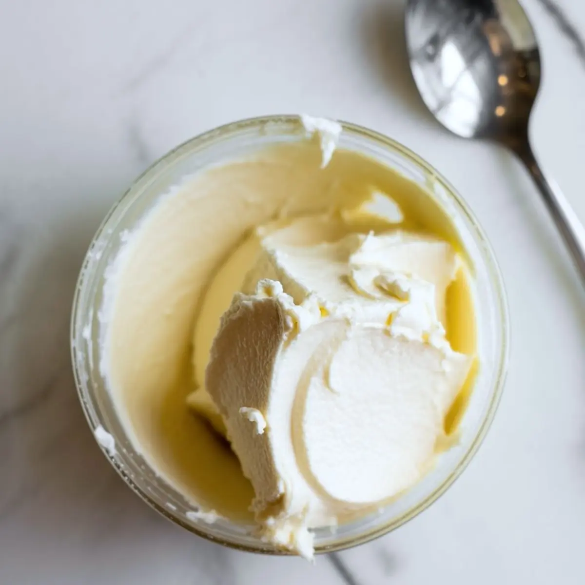 Close-up of whipped cream cheese filling in a small glass bowl with a spoon placed beside it on a marble surface.

