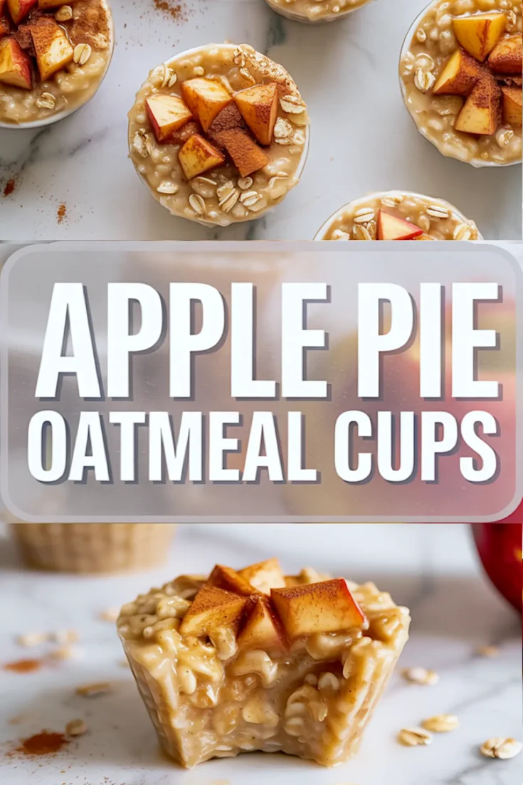 Two-part vertical collage of apple pie oatmeal cups; the top shows close-up views of oatmeal cups topped with diced apples and oats, while the bottom highlights a bitten cup revealing a creamy oat interior with apple chunks, overlaid with bold “Apple Pie Oatmeal Cups” text.