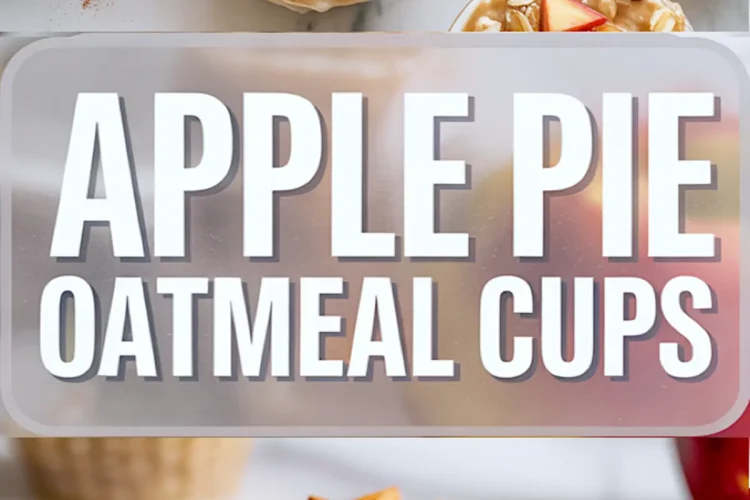 Two-part vertical collage of apple pie oatmeal cups; the top shows close-up views of oatmeal cups topped with diced apples and oats, while the bottom highlights a bitten cup revealing a creamy oat interior with apple chunks, overlaid with bold “Apple Pie Oatmeal Cups” text.