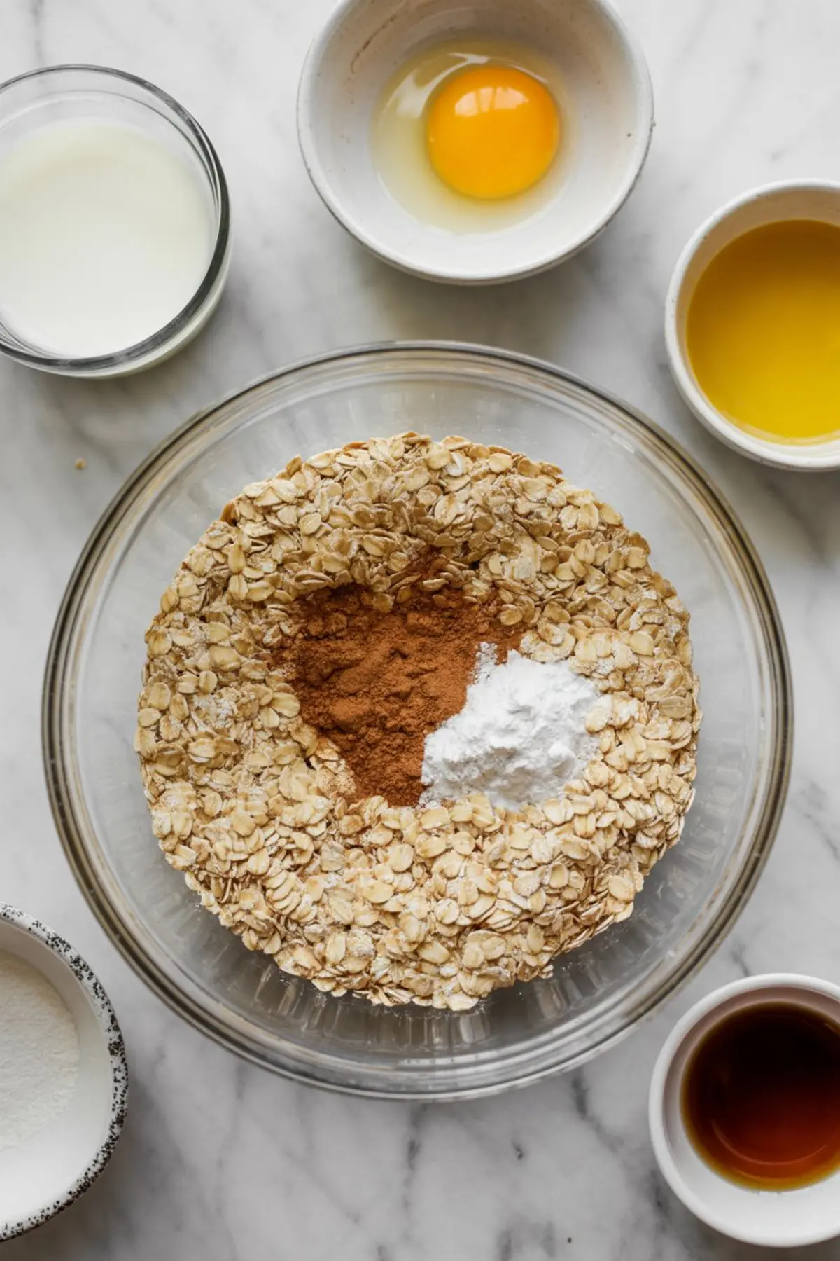 Top-down view of a glass mixing bowl filled with rolled oats, cinnamon, and baking powder, surrounded by small bowls holding milk, a raw egg, melted butter, sugar, and vanilla extract on a marble surface.
