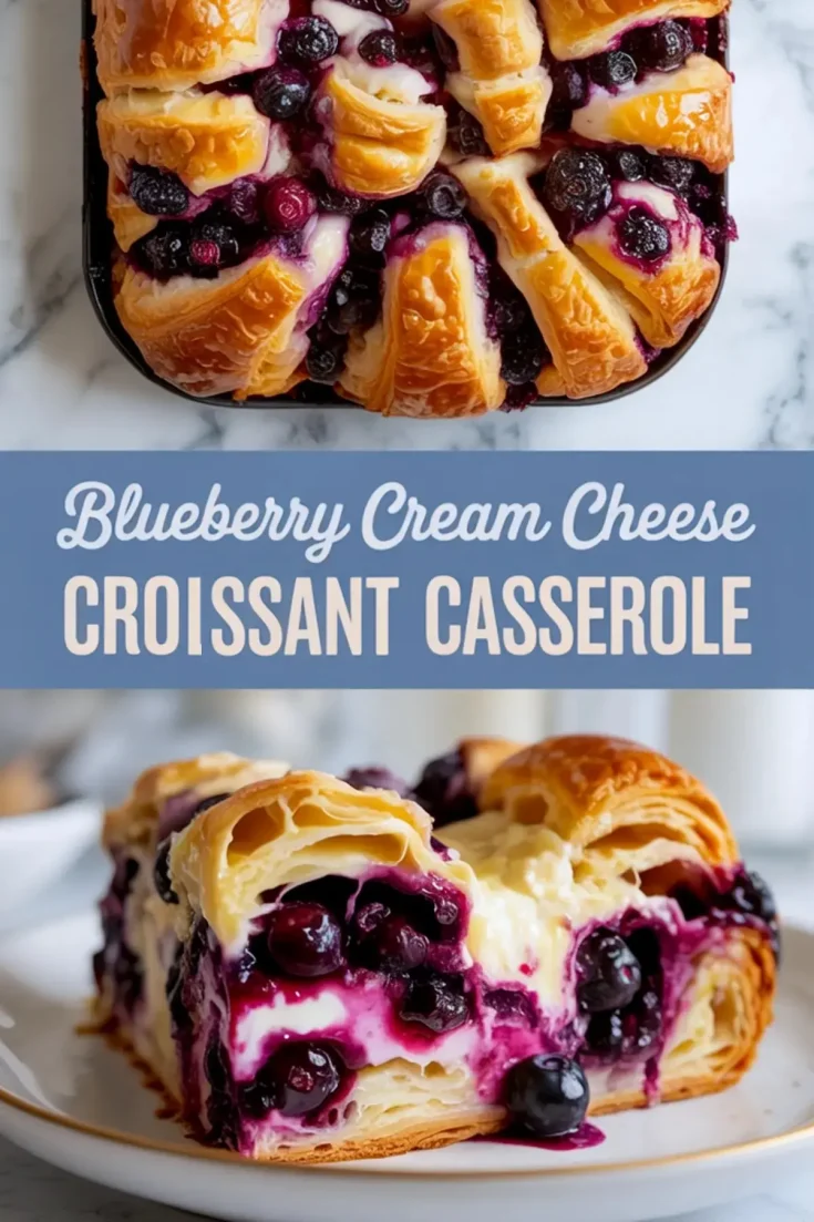 Collage featuring top view and side view of blueberry cream cheese croissant casserole, highlighting golden croissant layers with creamy filling and baked blueberries.