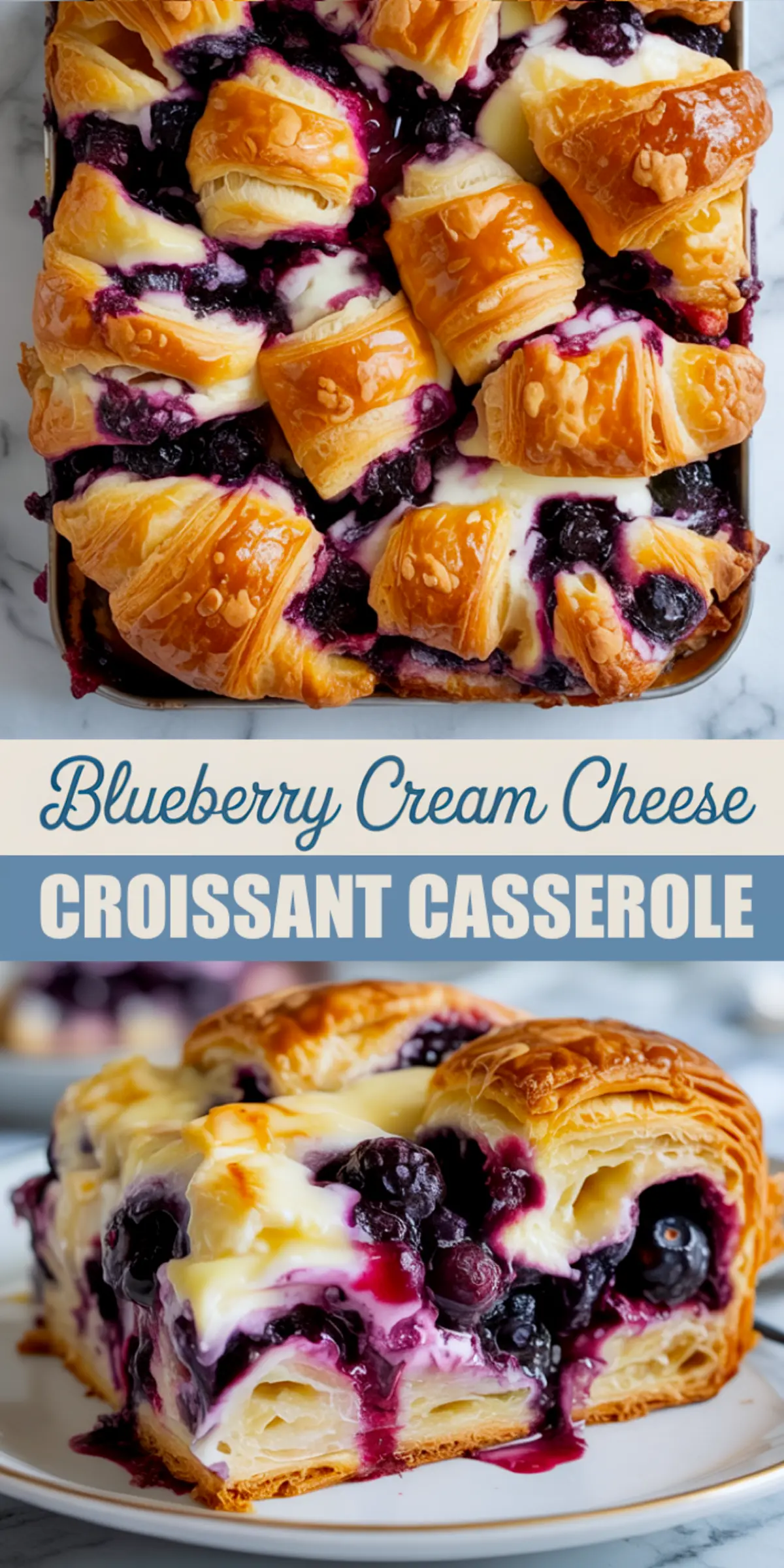 Top view of blueberry cream cheese croissant casserole in a rectangular pan, with golden baked croissants nestled in creamy filling and topped with blueberries.