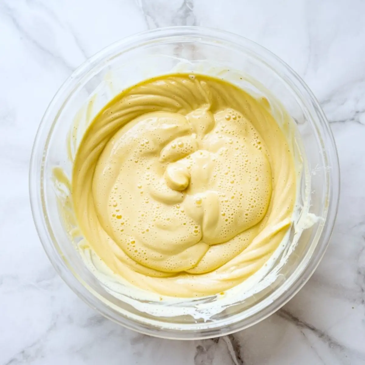 Thick, smooth custard mixture with a golden yellow color in a glass bowl, swirled into soft peaks on a marble surface.
