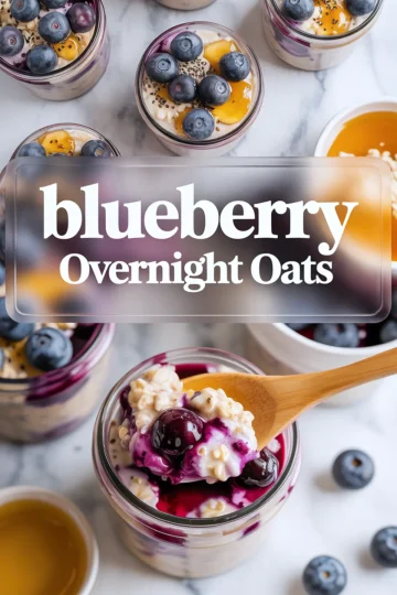 Jars of blueberry overnight oats topped with fresh blueberries, chia seeds, and a drizzle of golden honey, with text overlay reading “blueberry overnight oats.”