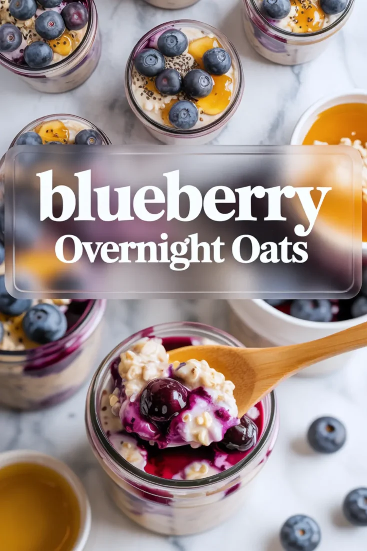 Jars of blueberry overnight oats topped with fresh blueberries, chia seeds, and a drizzle of golden honey, with text overlay reading “blueberry overnight oats.”