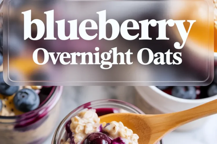Jars of blueberry overnight oats topped with fresh blueberries, chia seeds, and a drizzle of golden honey, with text overlay reading “blueberry overnight oats.”