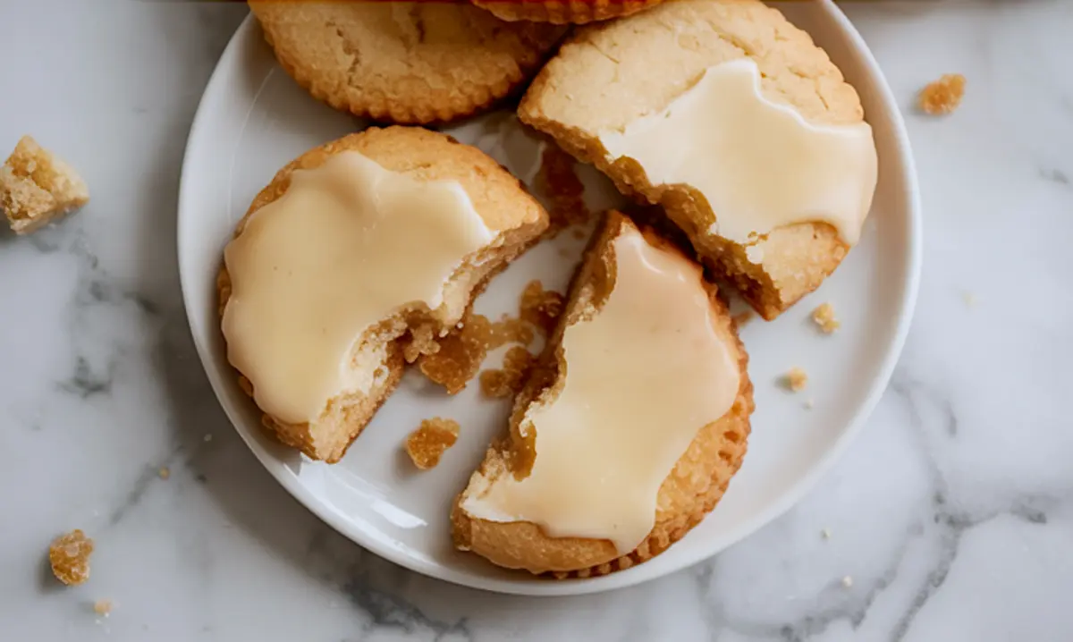 Shortbread cookies on a white plate, topped with maple glaze, with one broken in half to show the soft, crumbly interior.

