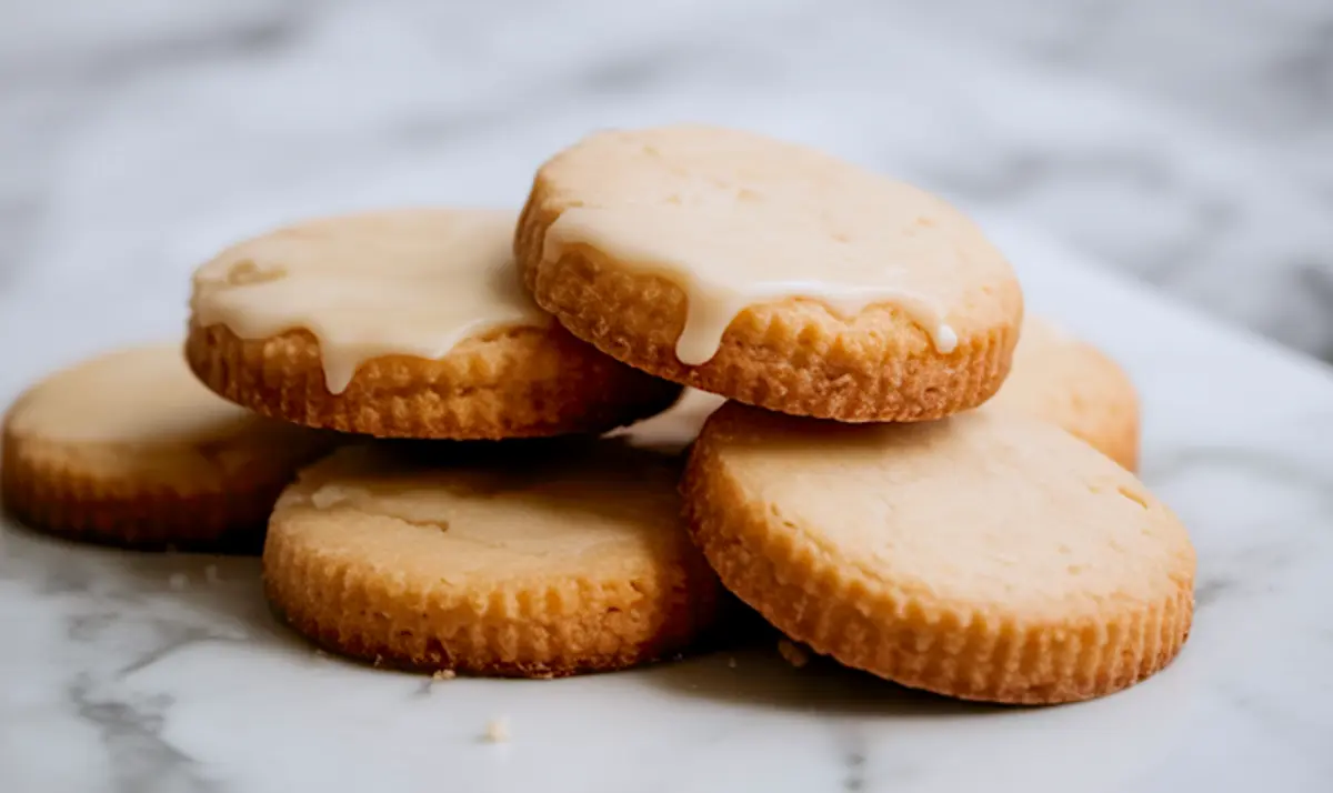 Stacked round shortbread cookies with golden edges and glossy maple glaze dripping from the tops, arranged on a marble surface.
