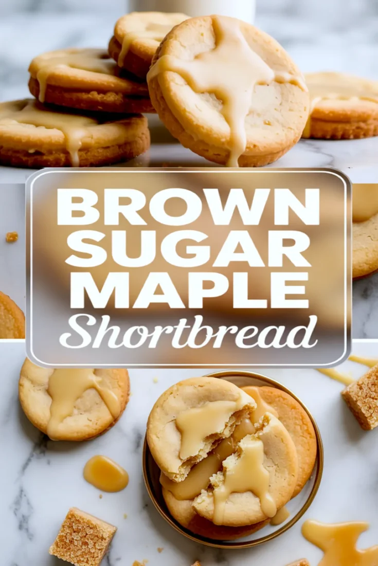Pinterest collage with stacked maple shortbread cookies at the top, large text label in the center, and bottom view of glazed cookies surrounded by brown sugar cubes and caramel drizzles.