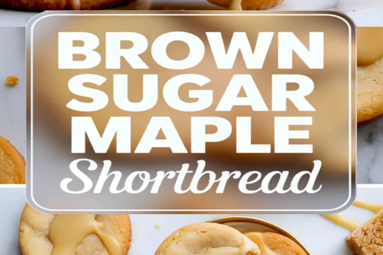 Pinterest collage with stacked maple shortbread cookies at the top, large text label in the center, and bottom view of glazed cookies surrounded by brown sugar cubes and caramel drizzles.