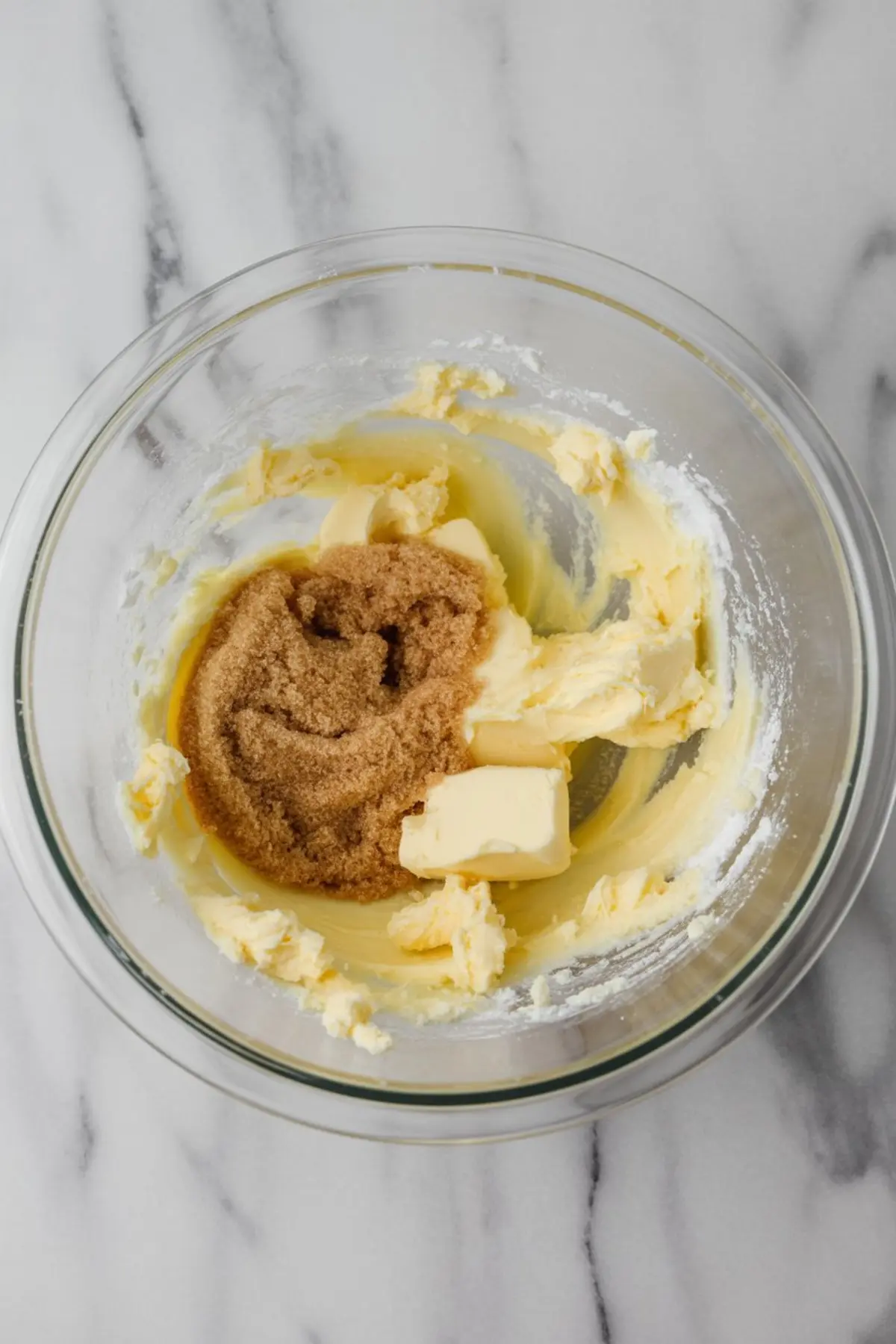 Glass mixing bowl with softened butter and brown sugar partially creamed on a marble surface, showing the start of cookie dough preparation.

