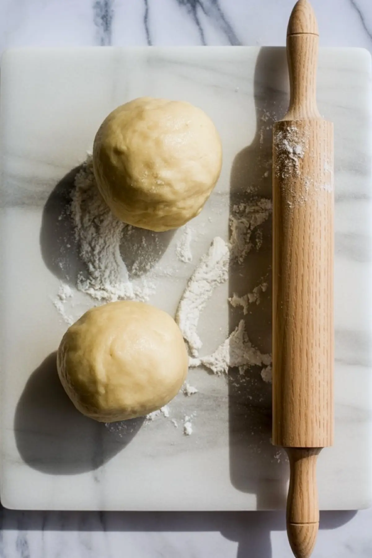 Two dough balls resting on a floured marble slab next to a wooden rolling pin, ready to be rolled out for baking.
