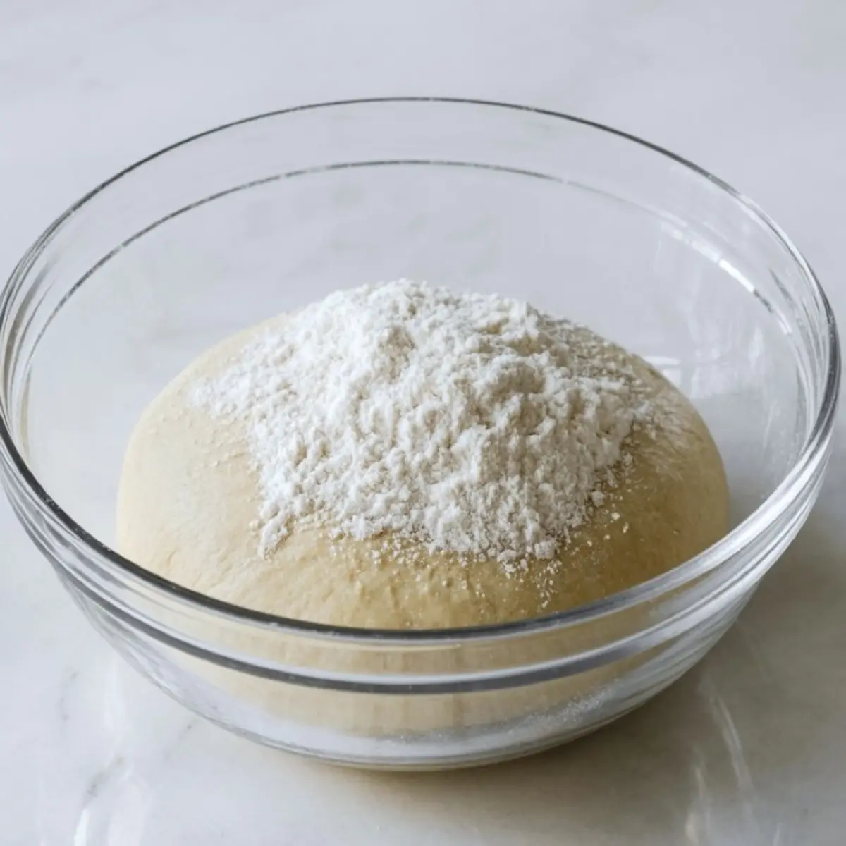 Risen dough in a clear glass bowl topped with a generous layer of all-purpose flour, placed on a clean white countertop.
