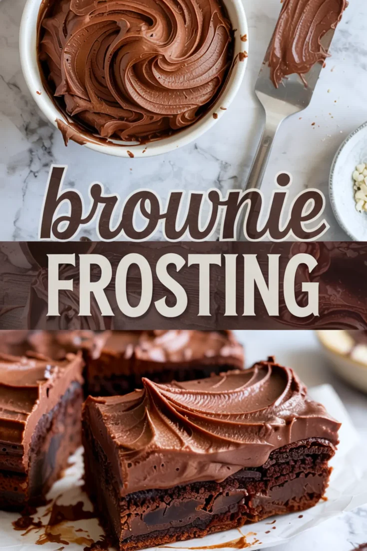 Collage featuring a bowl of whipped chocolate brownie frosting with a spatula above, and thickly frosted homemade brownies below. Text in center says “brownie FROSTING.” Great for Brownie Icing Recipe Easy and Chocolate Fudge Brownies inspiration.