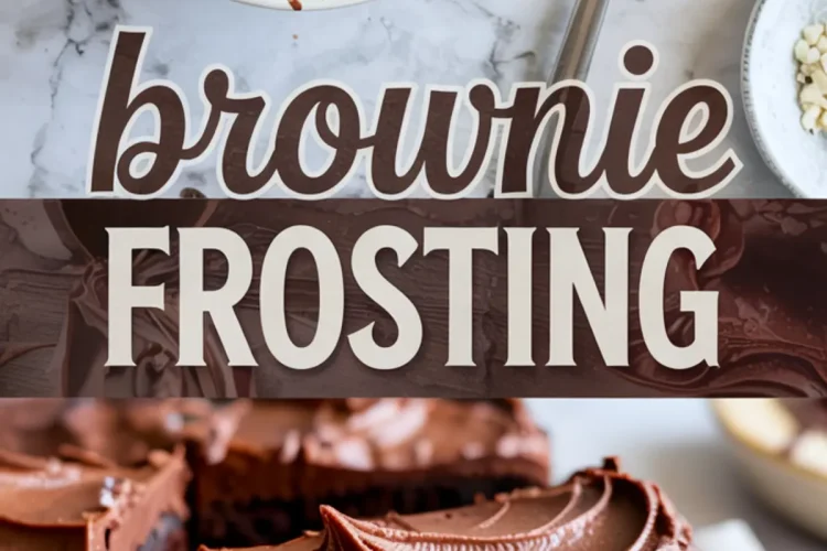 Collage featuring a bowl of whipped chocolate brownie frosting with a spatula above, and thickly frosted homemade brownies below. Text in center says “brownie FROSTING.” Great for Brownie Icing Recipe Easy and Chocolate Fudge Brownies inspiration.