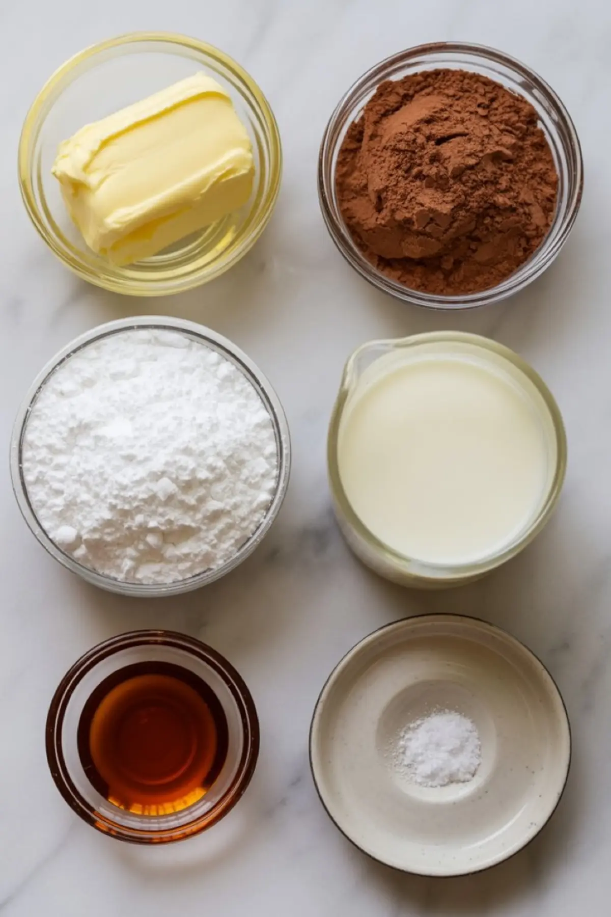 Overhead view of brownie frosting ingredients laid out on a marble surface, including butter, cocoa powder, powdered sugar, milk, vanilla extract, and a small dish of salt.
