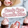 Collage of frosted brownie bites with pink peppermint buttercream and candy canes, arranged on parchment paper and plates with a “Candy Cane Brownie Bites” label in red text.
